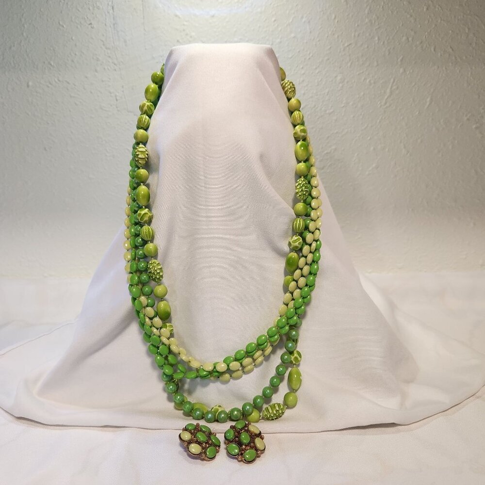 Vintage Multi‎ Tone Green Multi Strand Beaded Necklace Matching Earrings